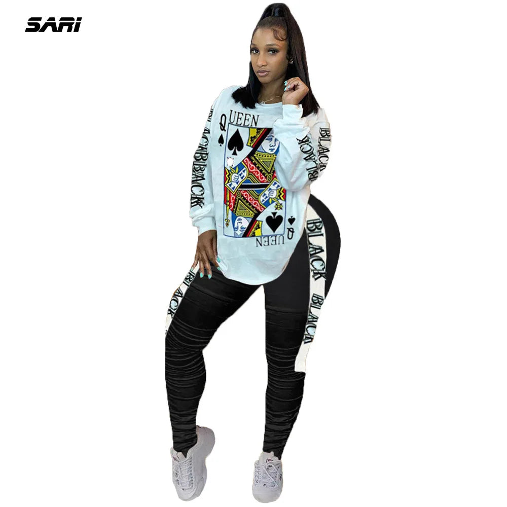 Sari 2 Two Piece Set Women Tracksuit Casual Round Neck Print Clothes Plus Size Outfits Tops +Pants Sweat Suit Matching Sets