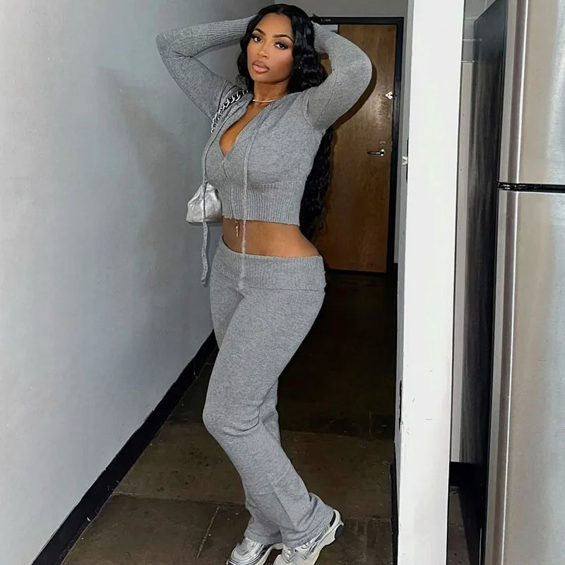 Autumn Casual Tracksuit Sets Womens Clothing 2 Pieces Set Long Sleeve Zip Hoodeded Crop Top and Pants Joggers Workout Sweatsuits