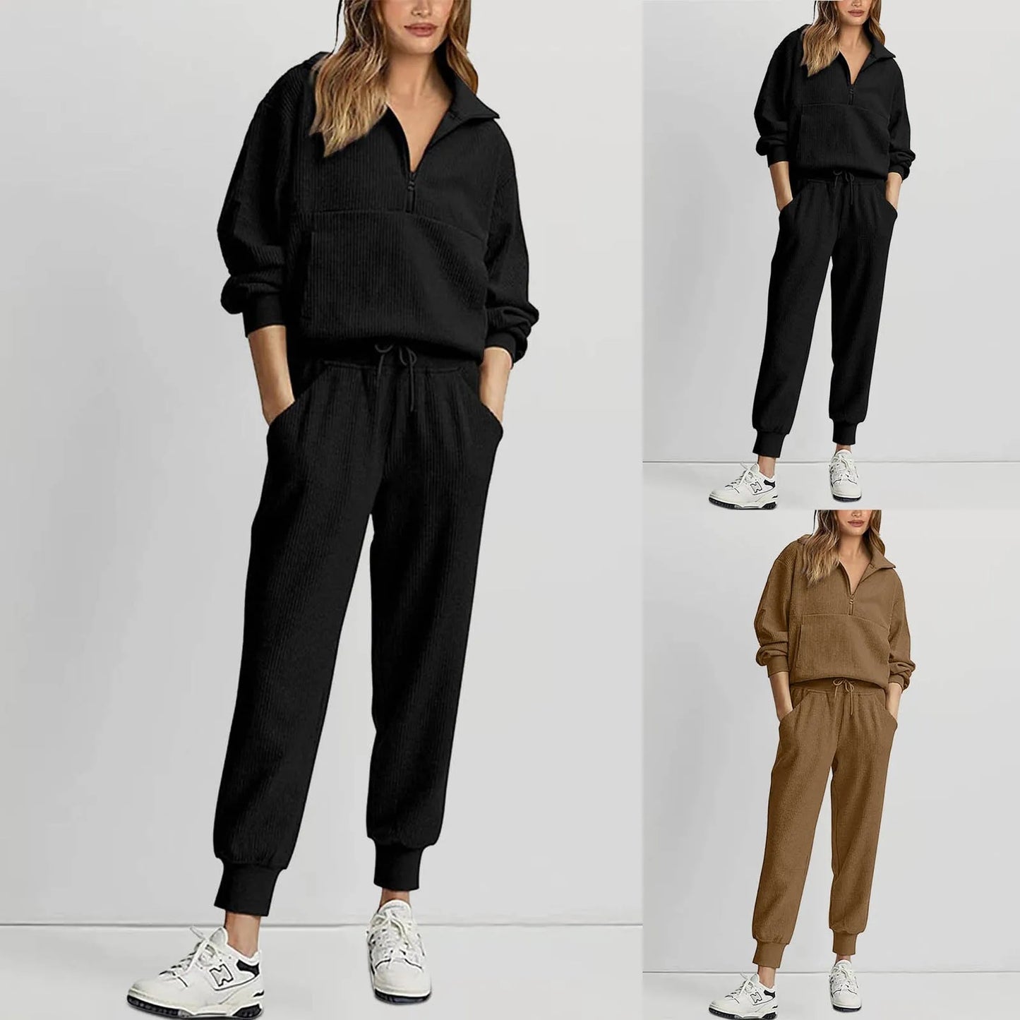 2024 Women's 2 Piece Tracksuit Long Sleeve Half Zip Sweatshirt Drawstring Sweatpants Set Solid Color Sweatsuits Loungewear