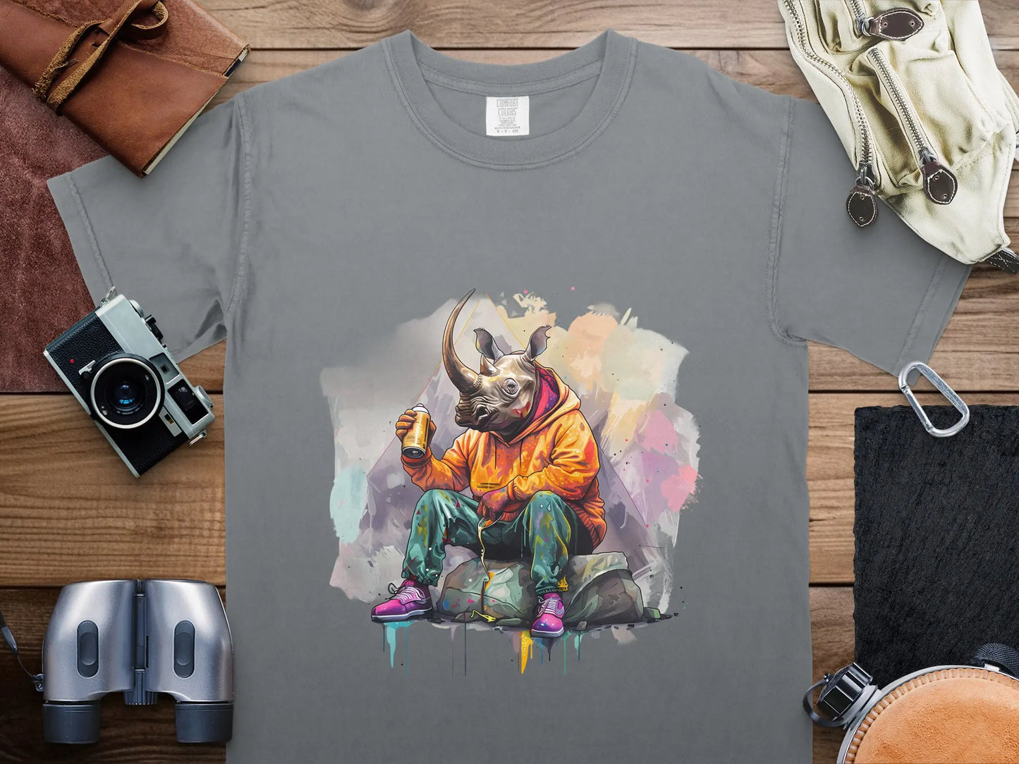 Urban Rhino Graffiti Art T Shirt Street Style Spray Painting Unique Trendy Wildlife Casual