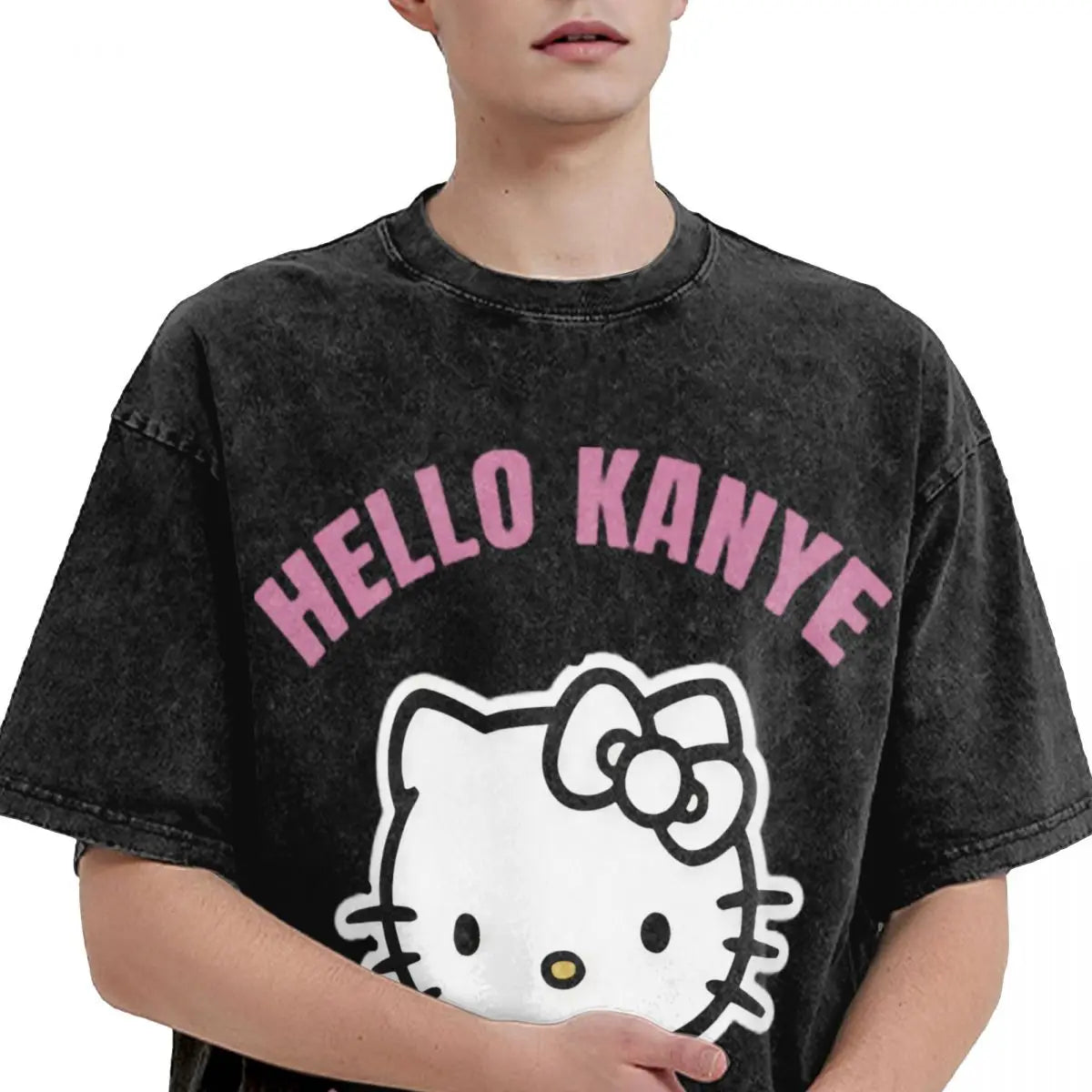 Printed Kanye West Hello Be Fearless T Shirts Merch Men Women Hello Kitty Washed Tee Shirt Oversize T-shirts