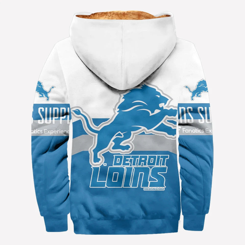 Men's and Women's Thick Wool Hooded Double-layer Jackets with Detroit Lion Print, Warm Winter Outerwear for Outdoor Camping