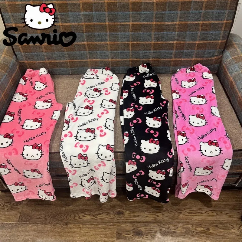 2023 Anime Sanrio Hello Kitty Pajamas Black Flannel Women Kawaii Woolen White Cartoon Casual Home Pants Autumn Fashion Trousers